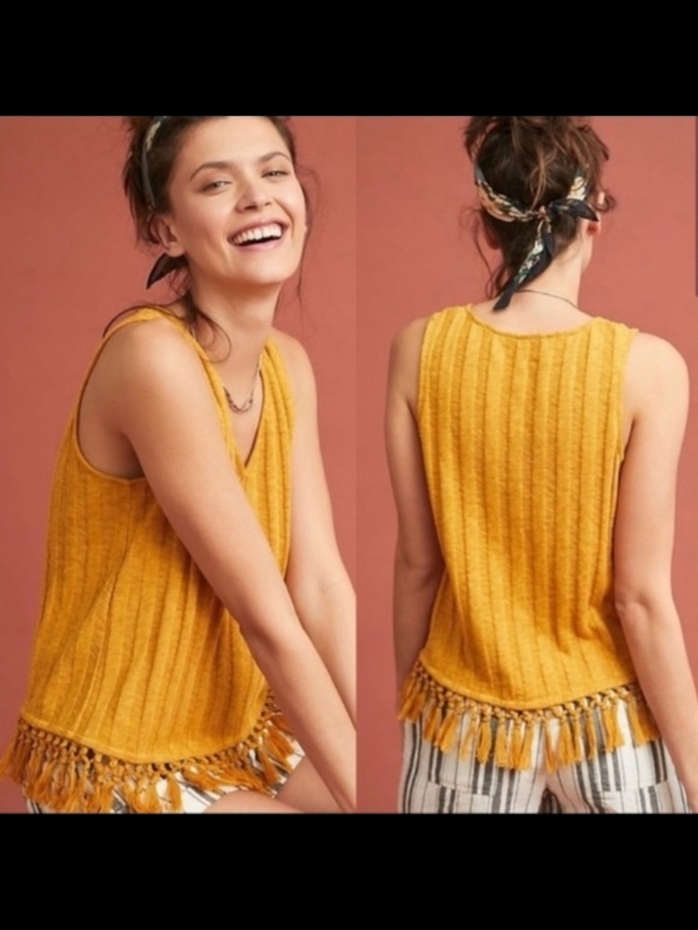 Mustard Fringe Hem Ribbed Eri + Ali Sweater Tank Top Lg